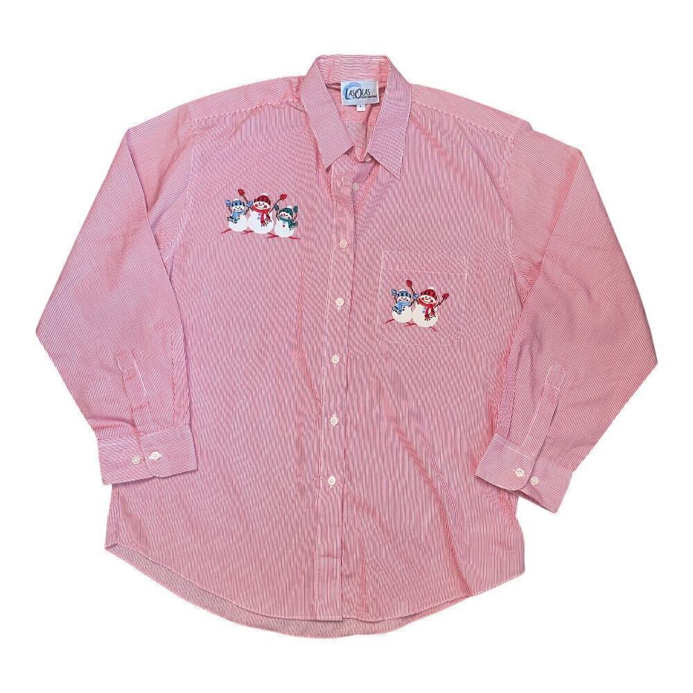 VTG 90's LAS OLAS Red White Pinstripe Snowman Holiday Christmas Button Up Size L